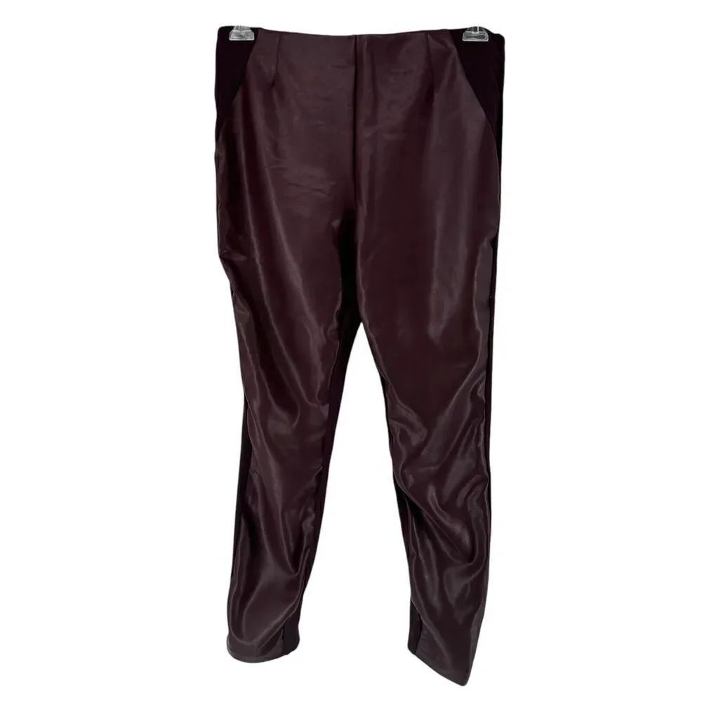 Ellen Tracy Faux Leather Pants Burgundy Size M Skinny Ponte Knit Stretch Hi Rise